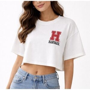 Harvard University Women White Cropped T Shirt Logo Graphic Short Sleeve Medium
